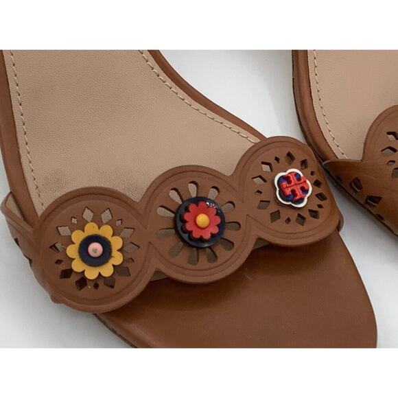 Tory Burch Size 9 Light Brown Kitten Heel Slides Floral Charms Boehmian - Picture 8 of 9